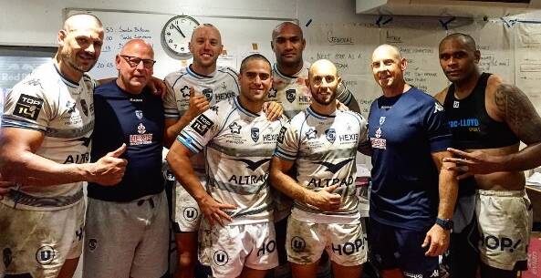 Former Brumbies Nic White, third from right, Jesse Mogg and Jake White joined Montpellier teammates Nemani Nadolo and Pier Spies in shaving their heads to support Christian Lealiifano.