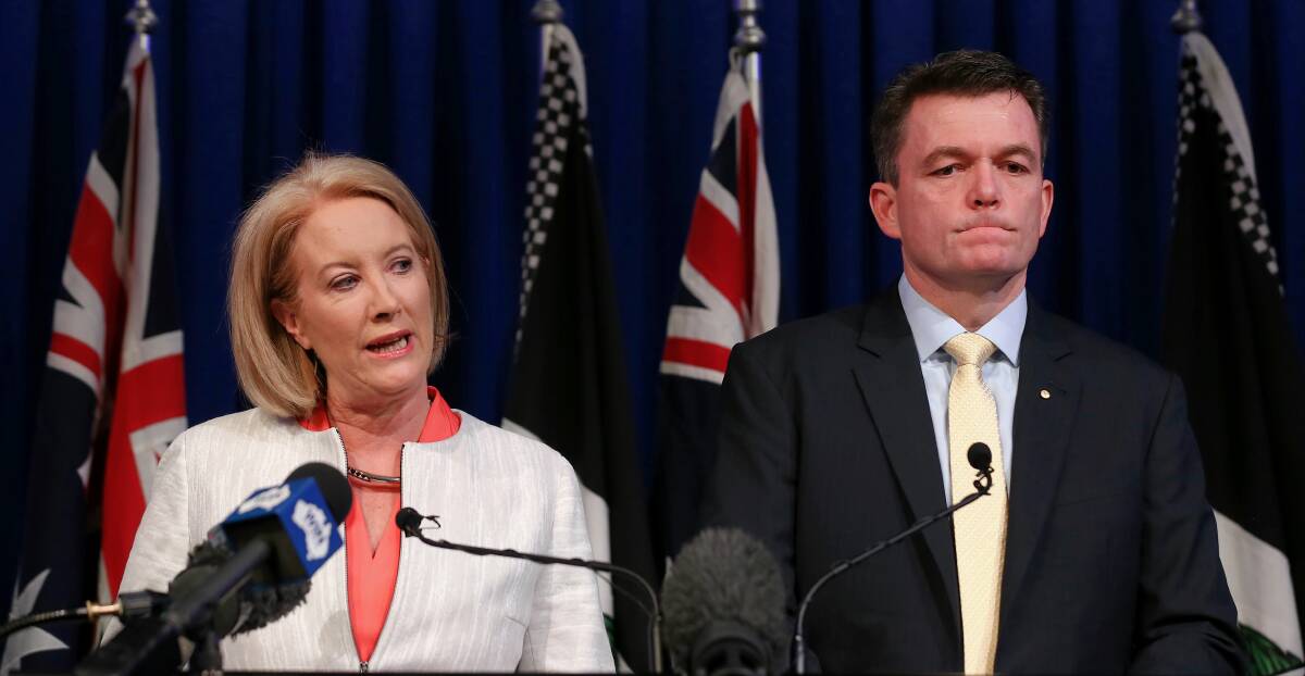 Report author Elizabeth Broderick and Andrew Colvin address the media in 2016. Picture: Alex Ellinghausen