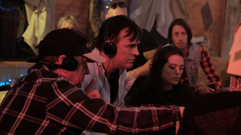 Tim Ferguson (second from left) on the set of the film Spin Out. Picture: Sarah Enticknap