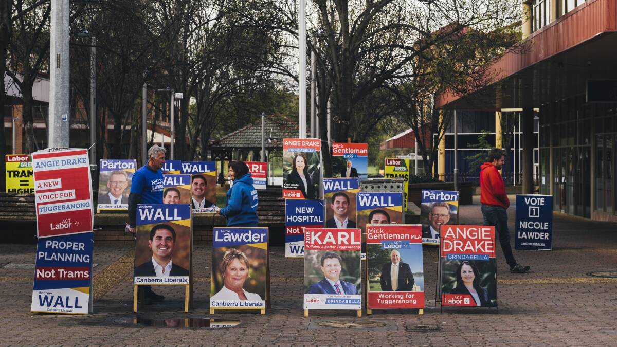 Labor and Liberal signage outside the Tuggeranong Hyperdome on Anketell St.