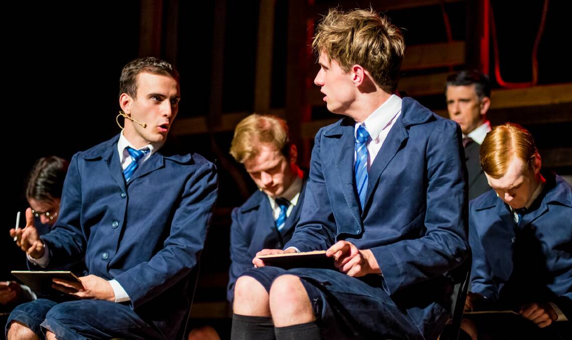 Front: Callum Bodman, left, as Melchior and Pip Carroll as Moritz. Back: Daniel Steer. left. as Georg, Liam Downing as Otto, David Cannell as Adult Man and Jake Willis as Ernst) in Spring Awakening. Picture: Janelle McMenamin
