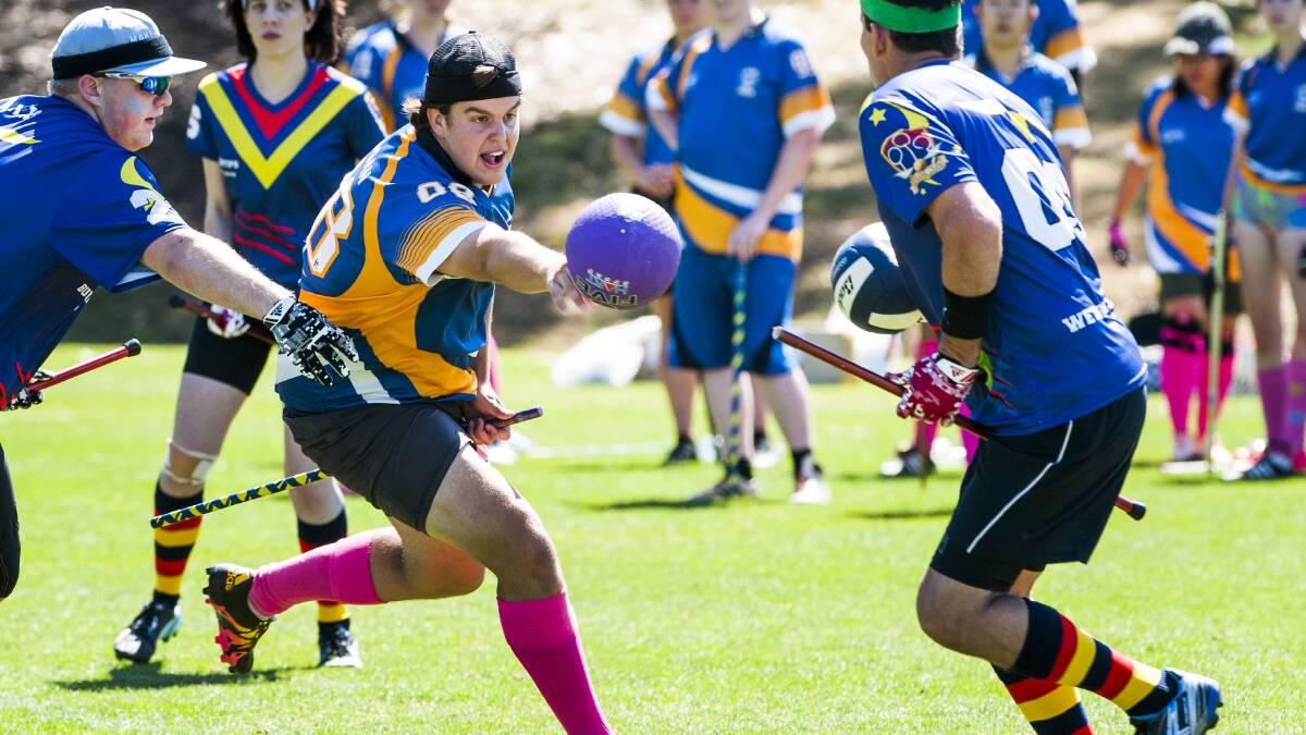 ANU Owls taking on the South Australia Bunyips at the Australian Quidditch championships. This weekend you can learn how to play quidditch. Picture: Elesa Kurtz