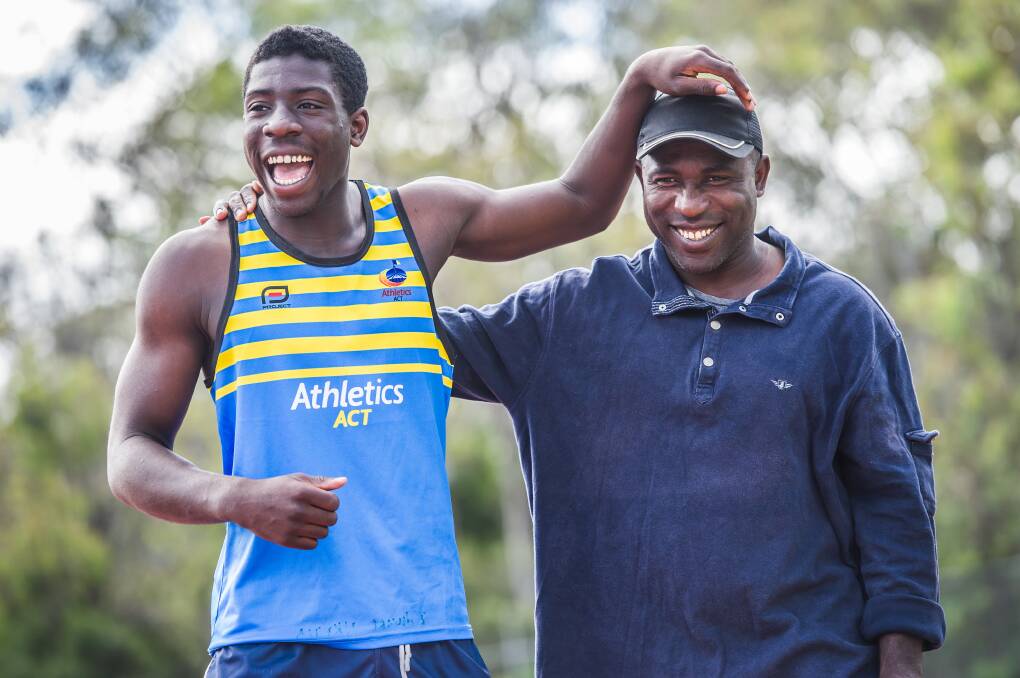 Edward Osei-Nkeita will be reunited with dad Augustine before the Canberra Track Classic. Picture: Karleen Minney.