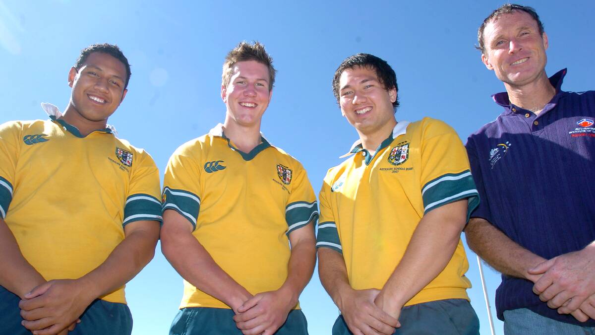 Pat Langtry with former St Edmunds trio and Australian Schoolboys Kesomi Lolotonga, Timothy Macnamara, and Robbie Abel in 2007. Picture: Gary Schafer