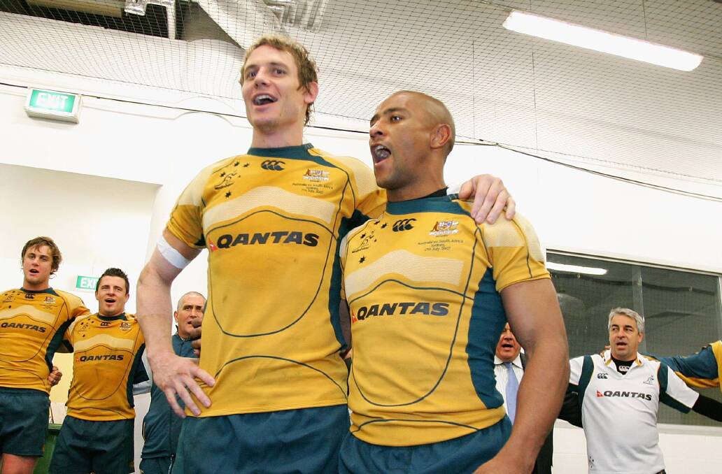 Always together: Not even retirement can separate George Gregan and Stephen Larkham. Picture: Getty Images