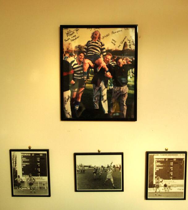 Laurie Fisher's wall of University rugby memories. Picture: Marina Neil