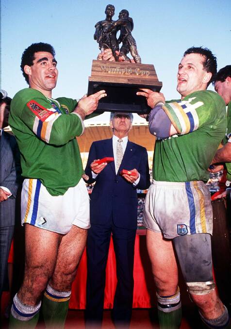 Mal Meninga and Dean Lance lift the Winfield Cup in 1989. Picture: Col Whelan/Action Photographics