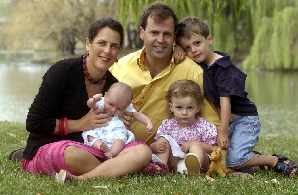 Romilly and David Madew back in 2004 with their children newborn Nathaniel, now 16; Arielle, now 18; and David, now 20. Picture: Graham Tidy.
