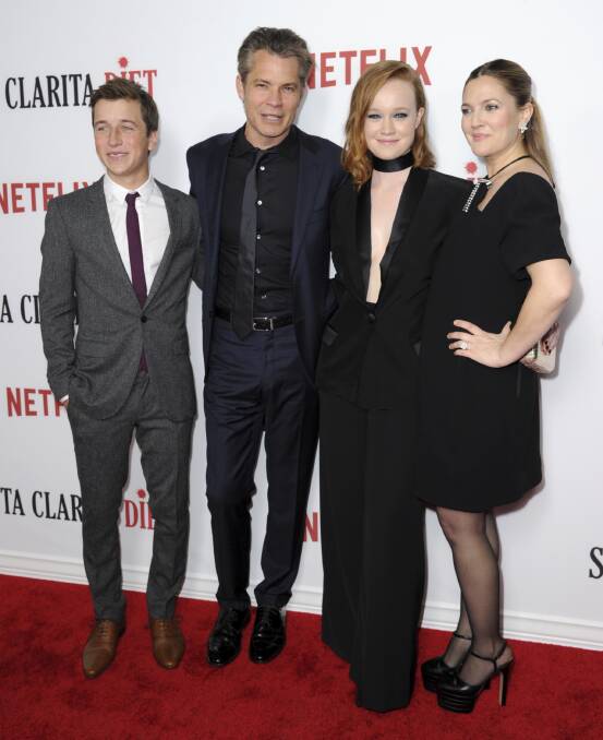 Skyler Gisondo, Timothy Olyphant, Liv Hewson and Drew Barrymore at the Los Angeles premiere of season one of Santa Clarita Diet. Picture: Richard Shotwell