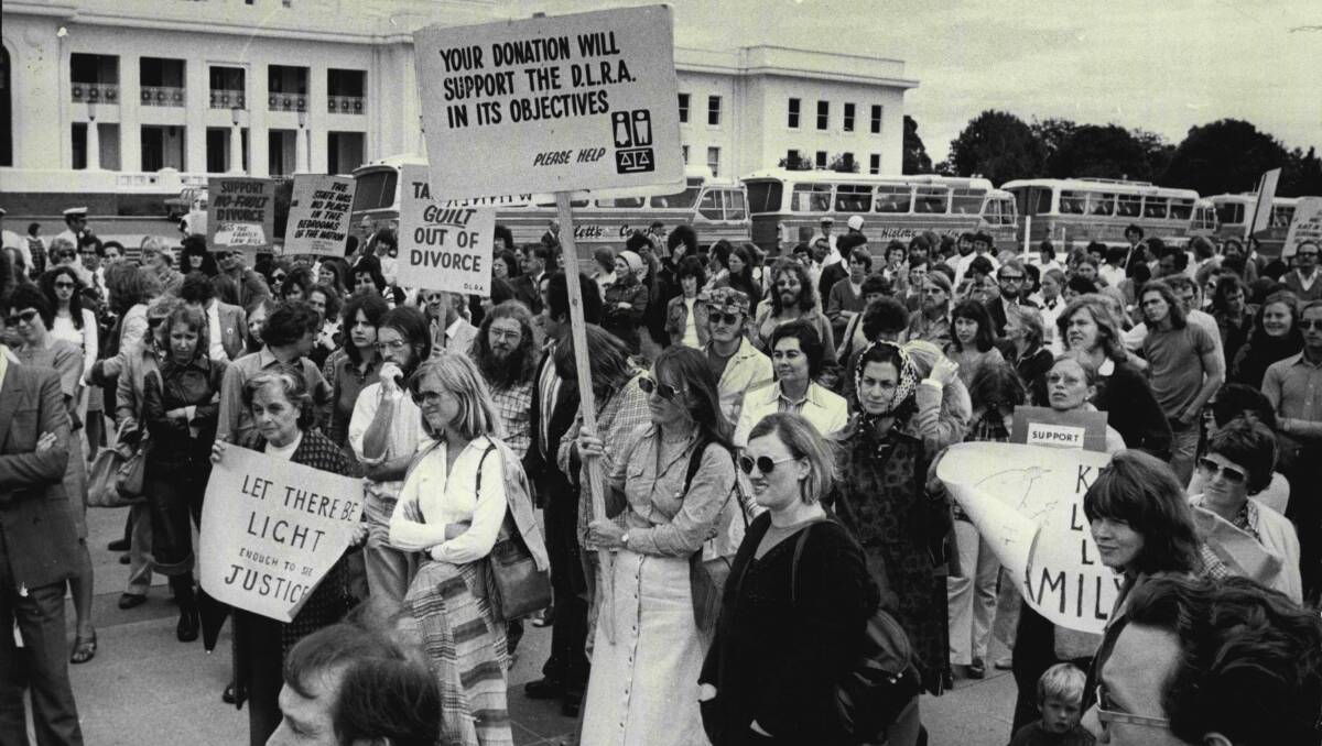 Demonstrators attend a meeting outside Parliament House during the debate on the Family Law Act on February 28, 1975. Picture: Fairfax Media
