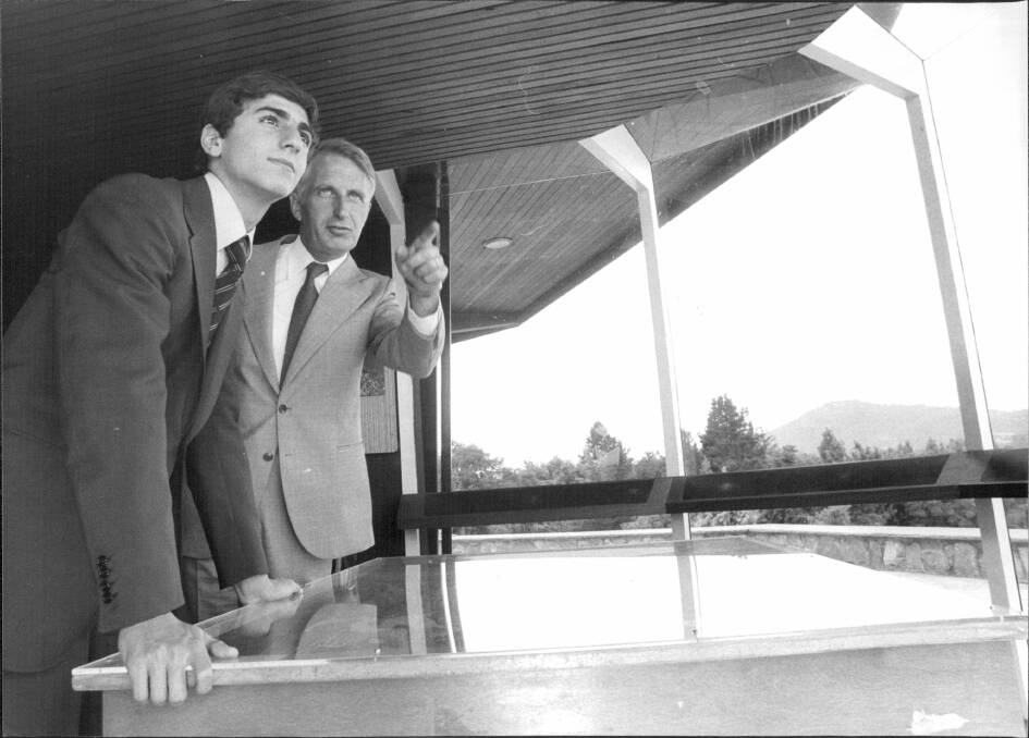 Hans Westerman, right, in 1978, with the Crown Prince of Iran his Imperial Highness Reza Pahlavi at Regatta Point. Photo: David Porter/ Fairfax Archives