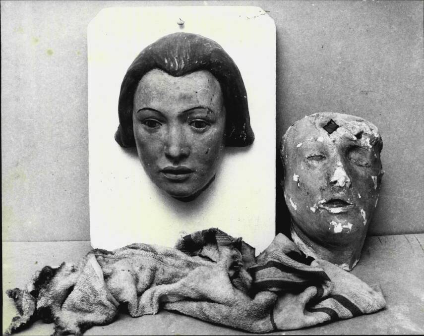 The face of Linda Agostini, the Pyjama Girl, with the original plaster-cast taken from her face, and the partly-burnt towel in which her head was wrapped. Picture: Adrian Greer Michael Short