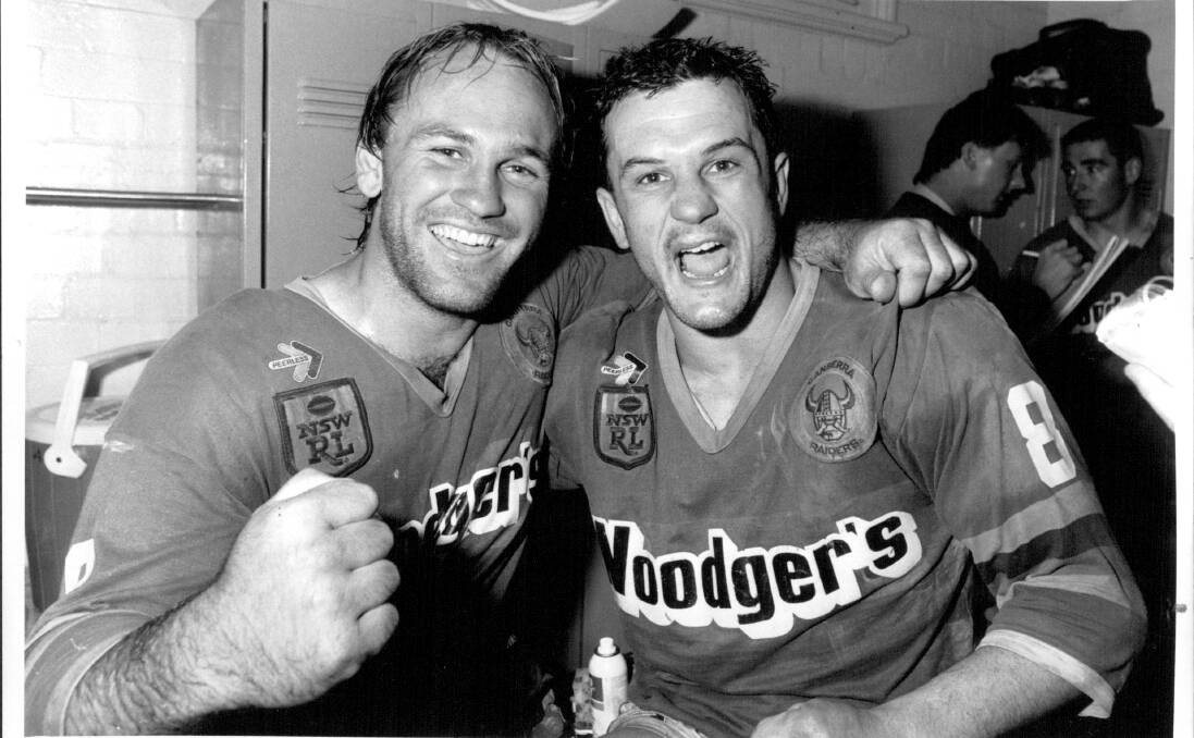 Raiders legend Gary Coyne and captain Dean Lance celebrate a win during the 1987 finals series. Coyne is still giving to the club he played for. Photo: Robert Pearce; Paul Matthews/Fairfax Media