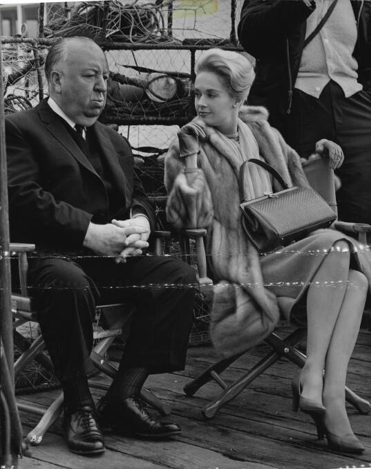 Director Alfred Hitchcock, left and star Tippi Hedren at Cannes where The Birds opened the film festival in 1963. Picture: Supplied