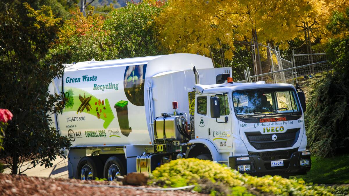 A green waste collection truck seen in Weston where green waste is being collected for the first time in ACT. Photo: Sitthixay Ditthavong