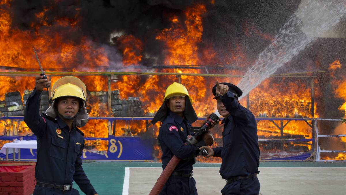 Narcotics worth more than $200 million are ceremonially set alight in Yangon, Myanmar, as seen in this file picture. Picture: AP