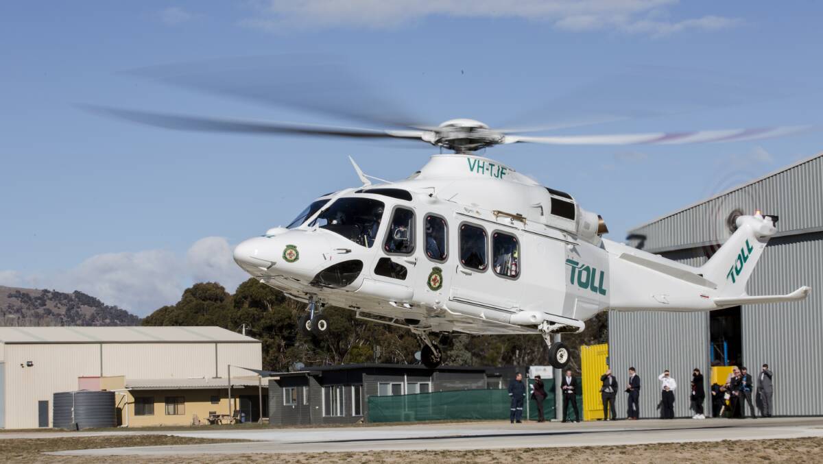 The Toll SouthCare helicopter ambulance takes off from the Hume helibase. Picture: Jamila Toderas