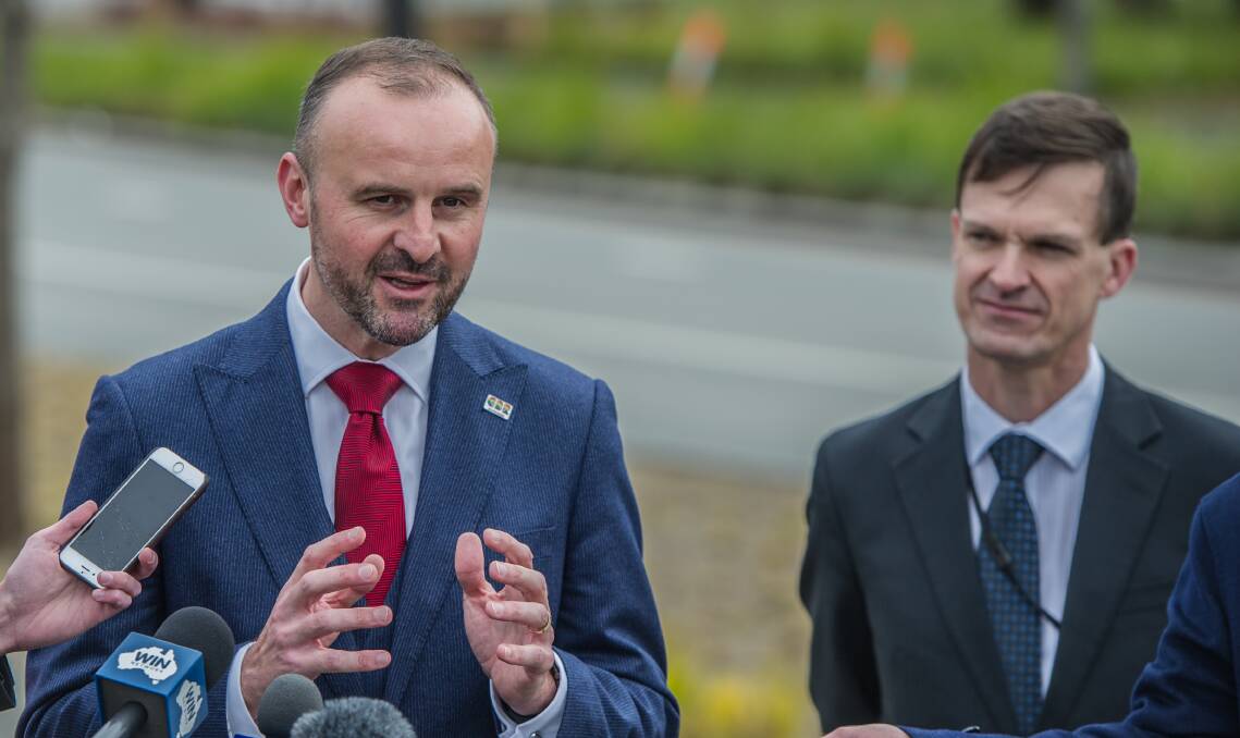 Chief Minister Andrew Barr (left) with Dr Michael Frater in 2017. Dr Frater has been selected to lead the Canberra Cyber Hub. Picture: Karleen Minney