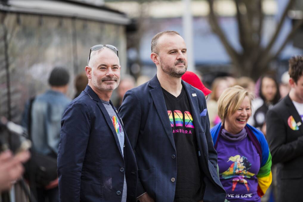 
Anthony Toms and Andrew Barr at a "yes to marriage equality rally" in 2017.