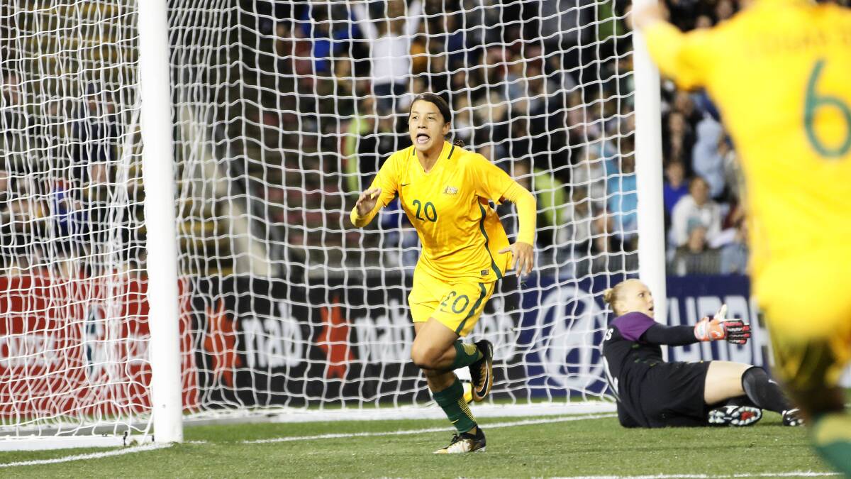 Sam Kerr of the Matildas celebrates a second half goal against Brazil in September, 2017. Picture: AAP