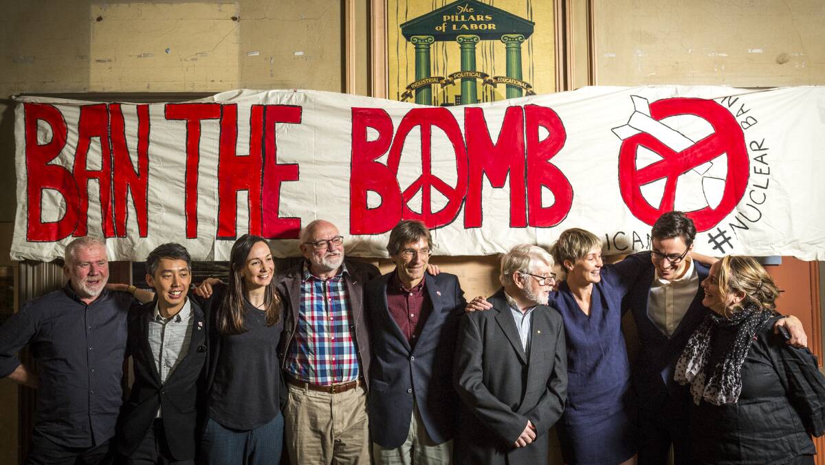 The ICAN Australia group was awarded the Nobel Peace Prize for its anti-nuclear weapons campaigning. Members of the board, past and present are (l-r): Dave Sweeney, Marcus Yipp, Jessica Lawson, Professor Richard Tanter, Associate Professor Tillman Ruff, Profesor Fred Mendleson, Daisy Gardener, Tim Wright and Dimity Hawkins. Picture: Chris Hopkins