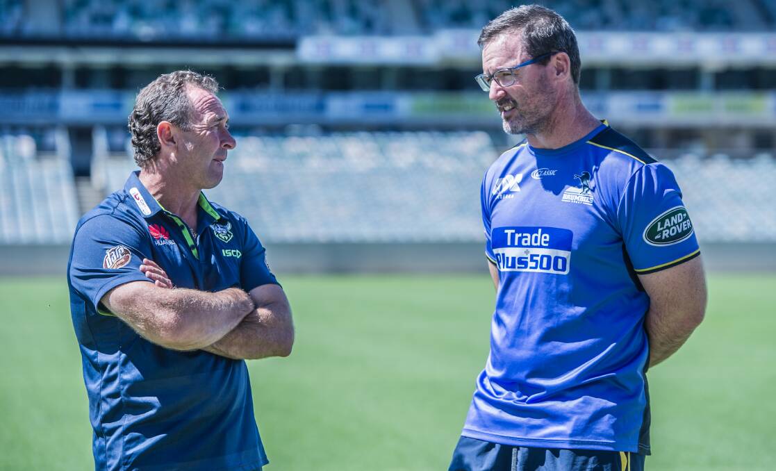 Dan McKellar (right) hopes the Brumbies can return to training when the Canberra Raiders receive the green light. Picture: Karleen Minney.