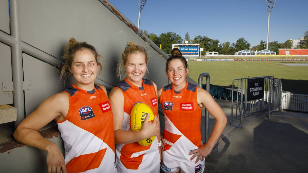Canberra trio Ellie Brush, Britt Tully, and Jodie Hicks are in the Giants squad hunting a flag. Picture: Sitthixay Ditthavong