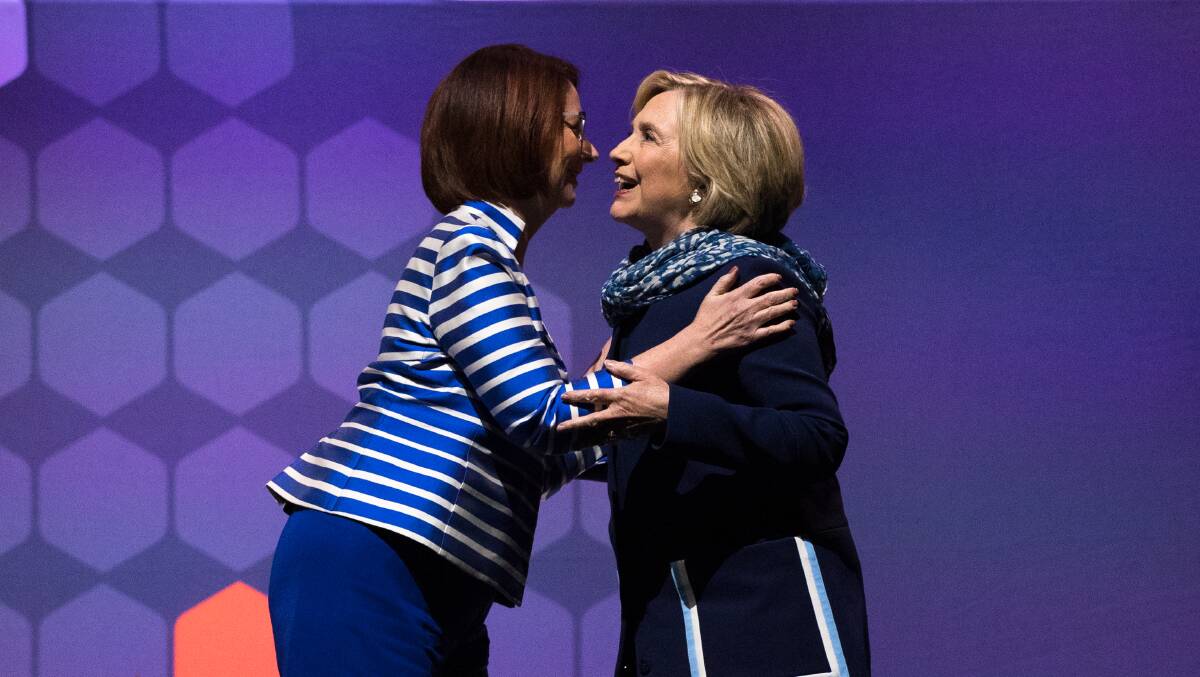 Julia Gillard (left) with Hillary Clinton at the ICC Sydney Theatre as part of The Growth Faculty's Women World Changers speaker series in 2018. Picture: Janie Barrett