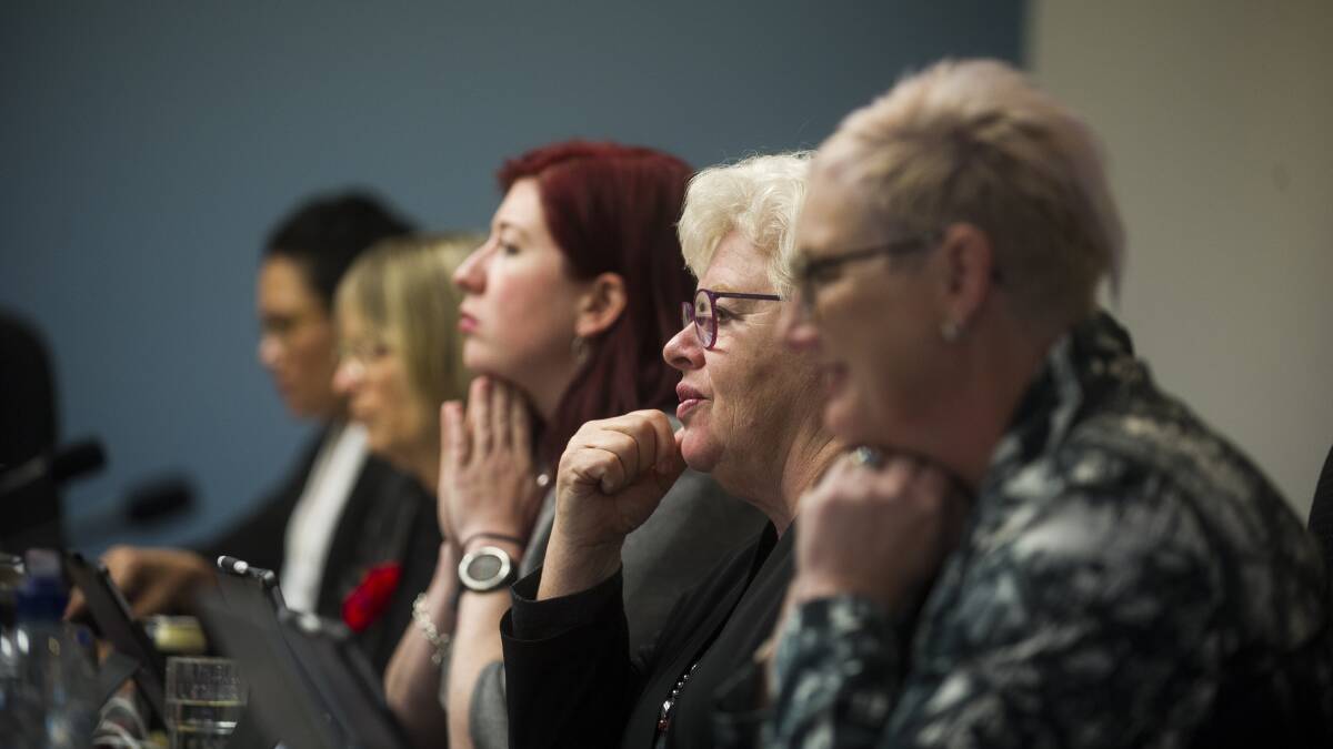 Members of the end-of-life choices inquiry from left: Elizabeth Kikkert, Caroline Le Couteur, Tara Cheyne, Vicki Dunne and Bec Cody. Picture: Dion Georgopoulos