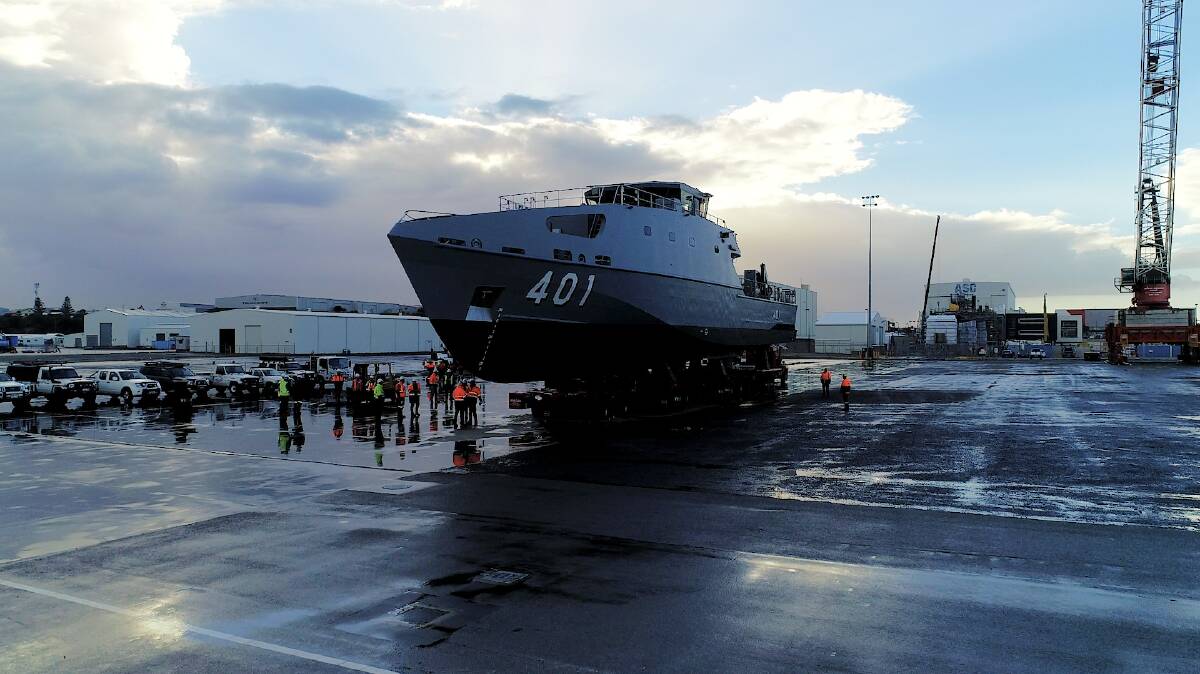 One of the first of the Austal built Guardian Class Pacific Patrol Boats is prepared for launch. Picture: Austal.