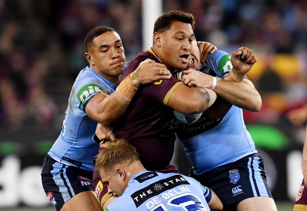 Josh Papalii, centre, will be one of Queensland's key forwards in the State of Origin opener on June 5. Picture: AAP