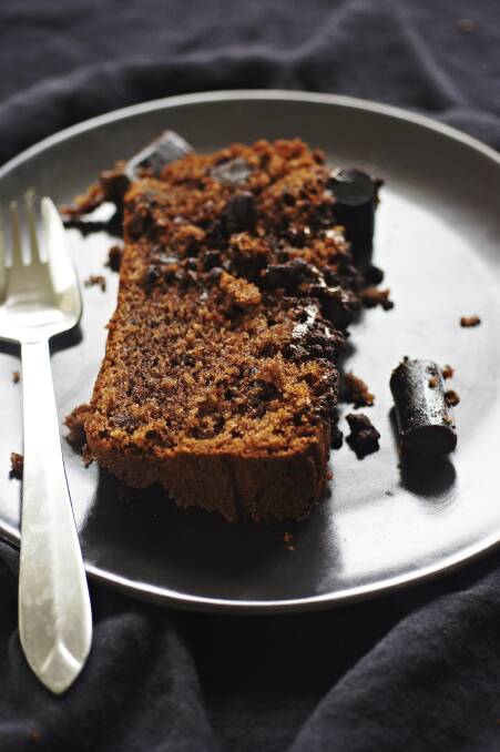 Chocolate, licorice and caramel loaf cake. Picture: Katrina Meynink