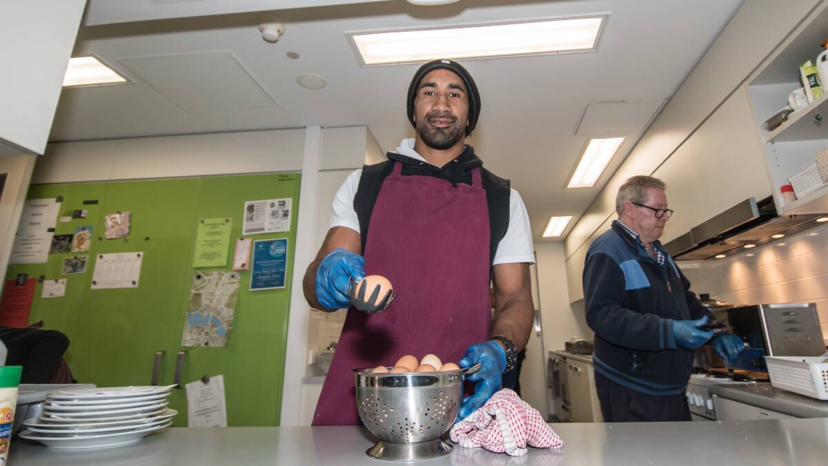 Raiders prop Sia Soliola has been keeping in touch with Canberra's homeless - from the other side of the fence. Picture: Karleen Minney