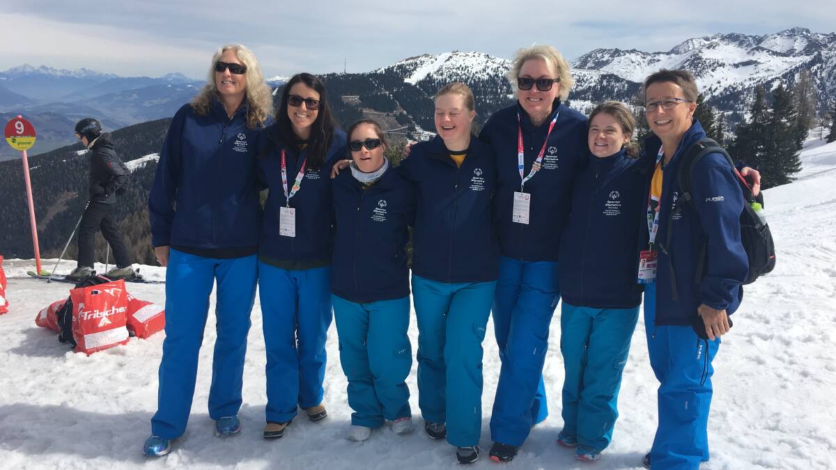 Amanda Beehag, right, in Austria with Team Australia for the 2017 World Winter Games. Photo: Special Olympics Australia