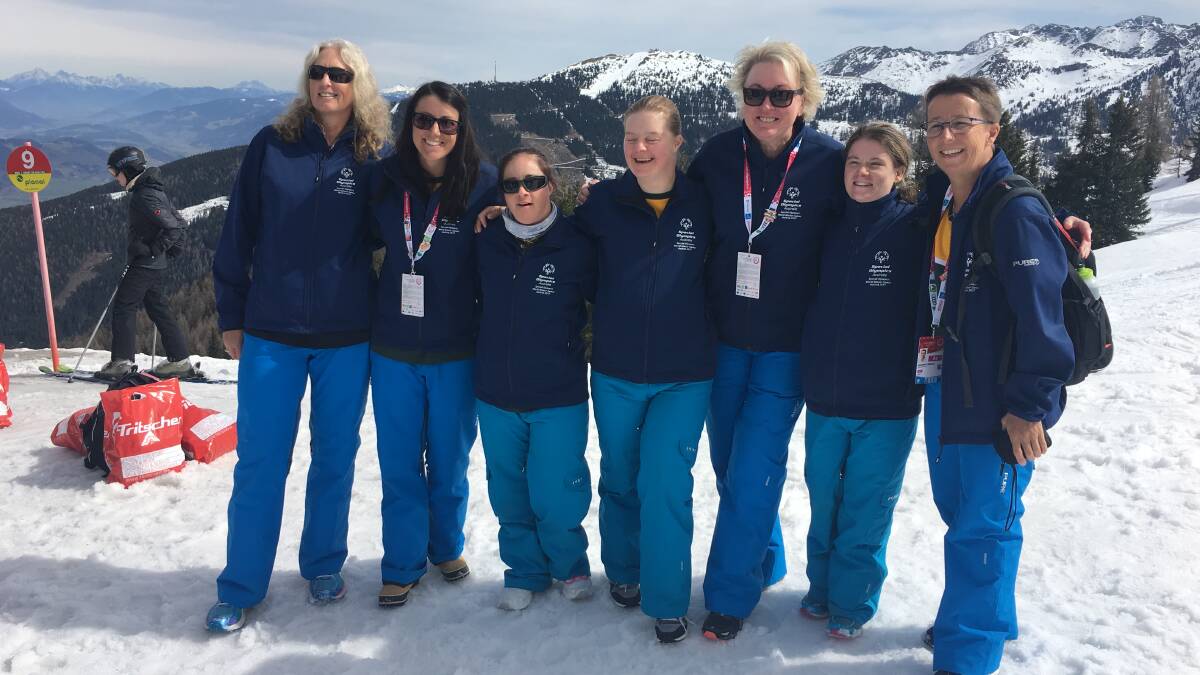 Amanda Beehag, right, in Austria with Team Australia for the 2017 World Winter Games. Ms Beehag spent her working life pursuing her sporting passion. Photo: Special Olympics Australia