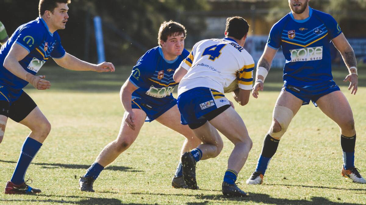 Bulldog Christopher Hart looks for a way through the West Belconnen defensive line. Picture: Jamila Toderas