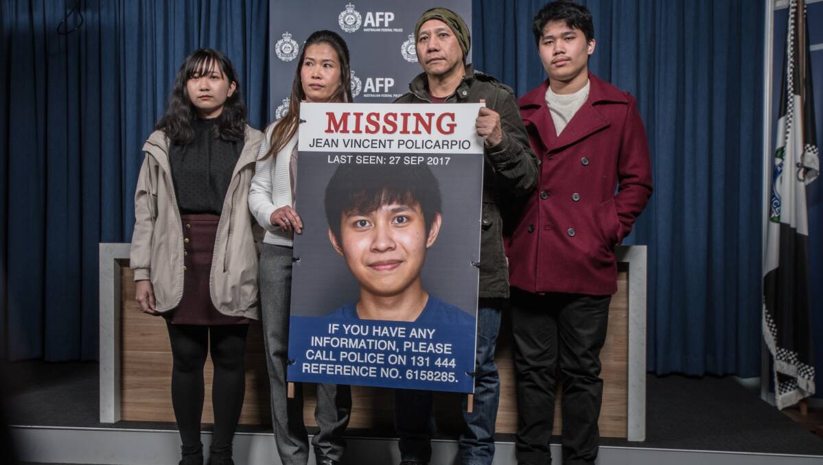 Heartbroken family of missing Canberra man Jean Vincent Policarpio. (from left) Sister Vanessa , mother Beth, father Will, and brother Francis Policarpio. The family made a public plea for information on their son and brothers whereabouts as part of National Missing Persons Week in 2018. Picture: Karleen Minney