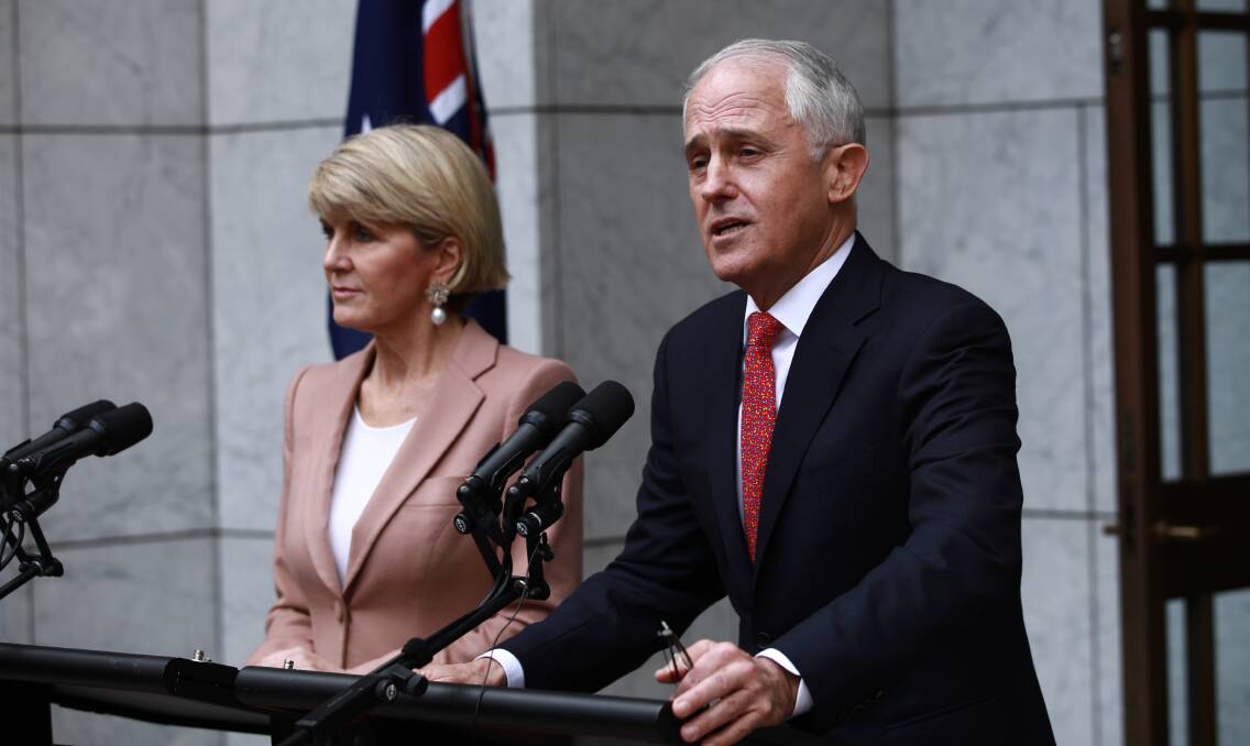 Julie Bishop at a press conference with prime minister Malcolm Turnbull after the leadership spill at Parliament House on August 21, 2018. Picture: Dominic Lorrimer