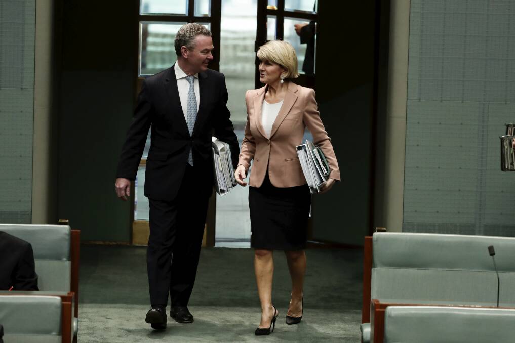 No conflicts, we promise: Christopher Pyne and Julie Bishop. Picture: Alex Ellinghausen