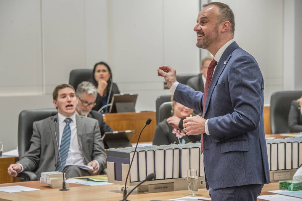 Opposition leader Alistair Coe and Chief Minister Andrew Barr clashed during Monday's annual report hearings. Picture: Karleen Minney