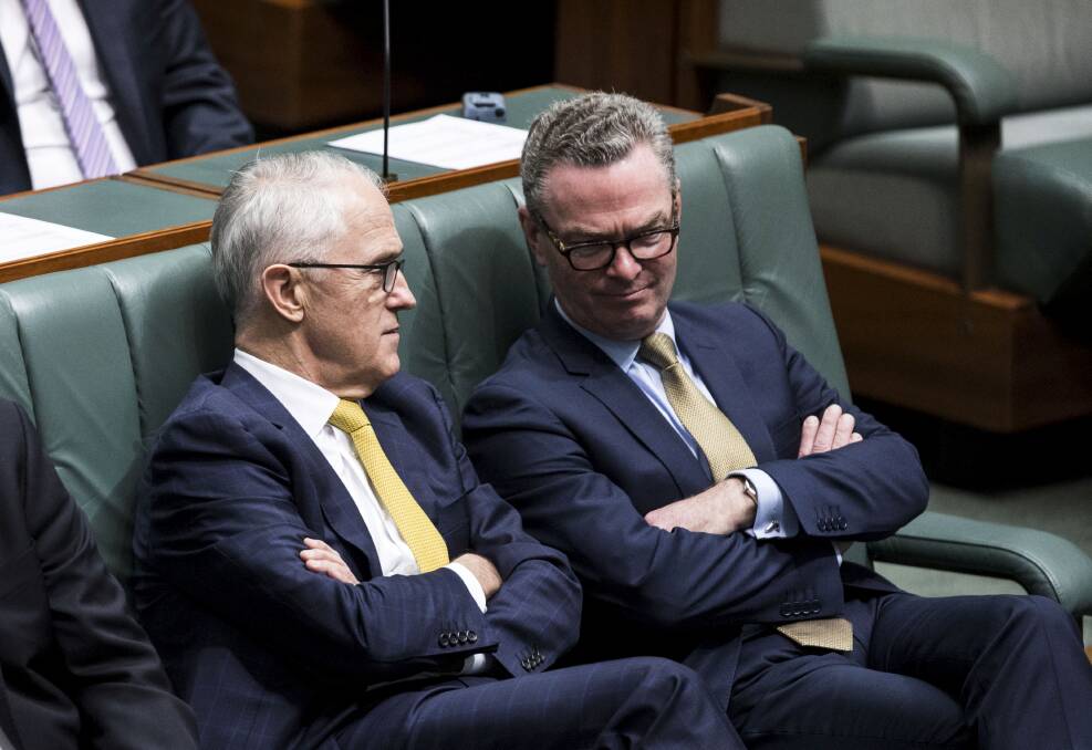 Former prime minister Malcolm Turnbull and Christopher Pyne in the House of Representatives last year. Picture: Dominic Lorrimer
