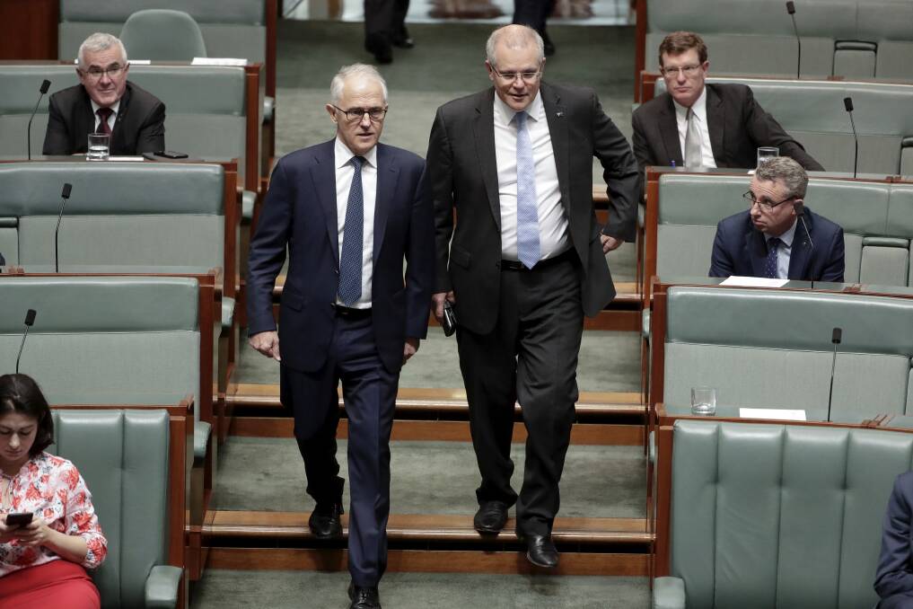 Malcolm Turnbull and Scott Morrison in Parliament House in August 2018. Photo: Alex Ellinghausen