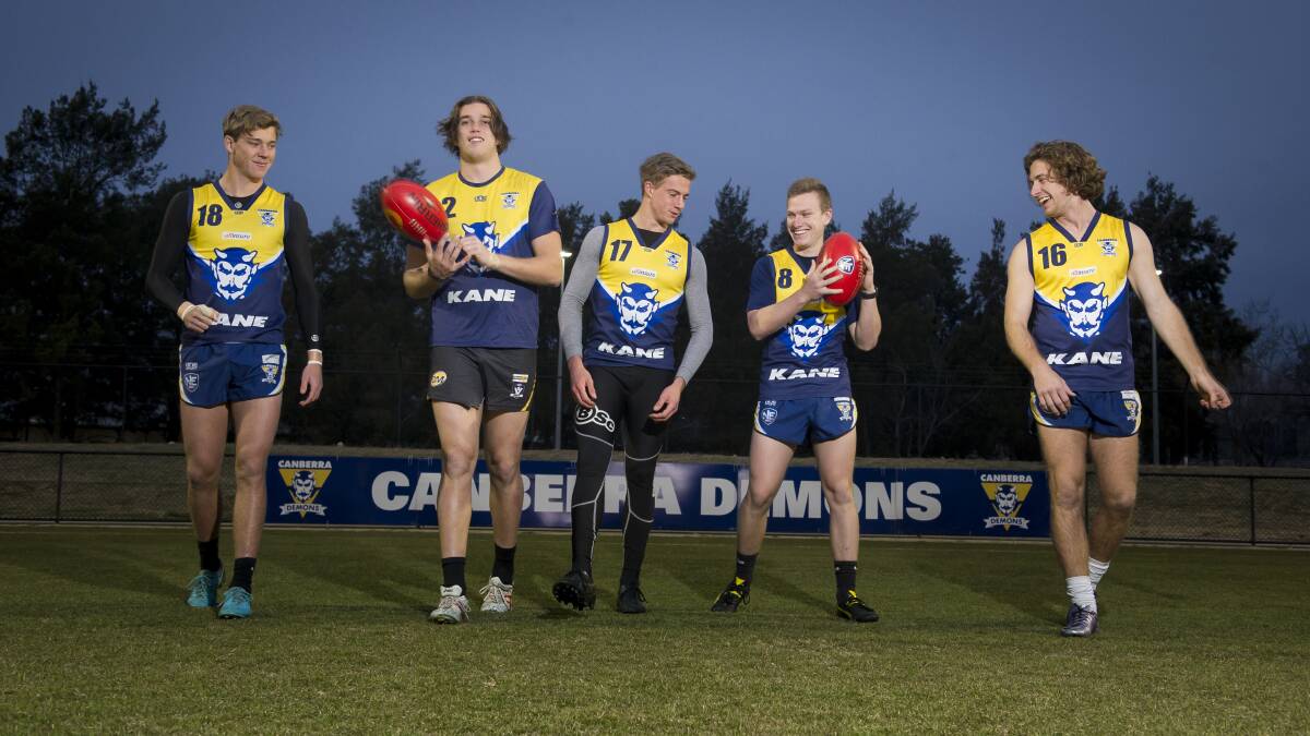 Demons players Angus Baker (far L), Jarrod Osborne (centre) , Mitch Maguire (second from R) and Mitch Hardie (far R) have nominated for the mid-season draft. Picture: Elesa Kurtz