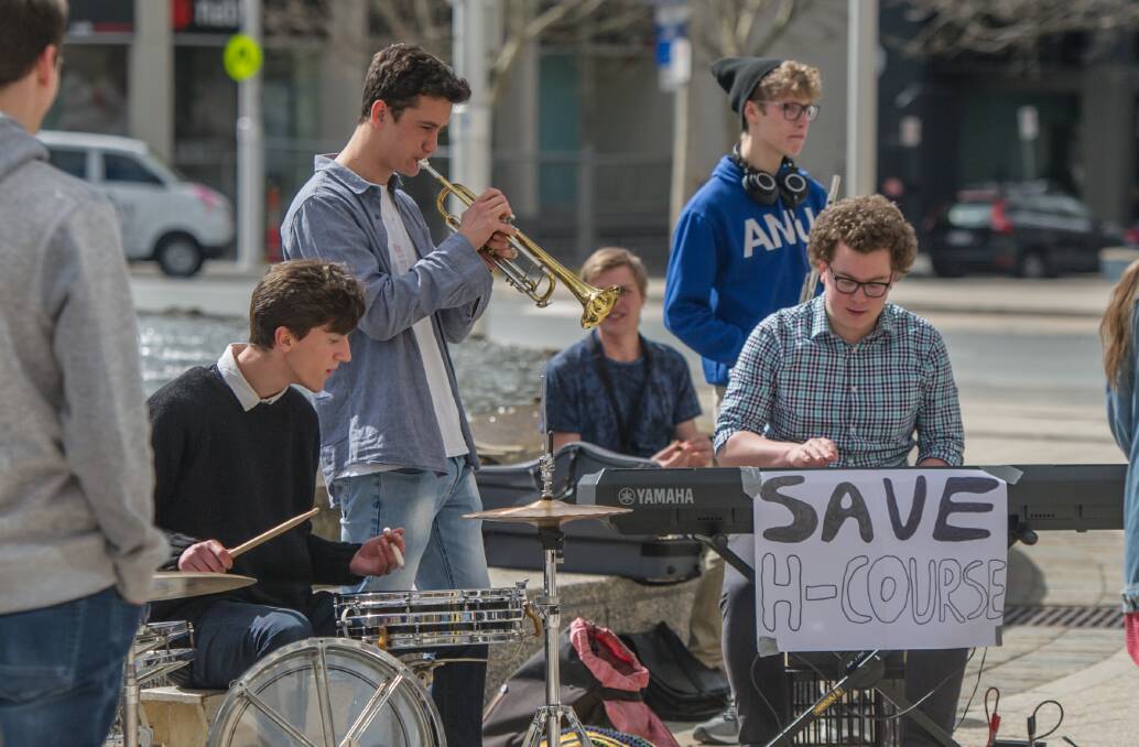 Musicians held a protest jam outside the legislative assembly last year to demand funding for the 'H Course' be restored. Picture: Karleen Minney.