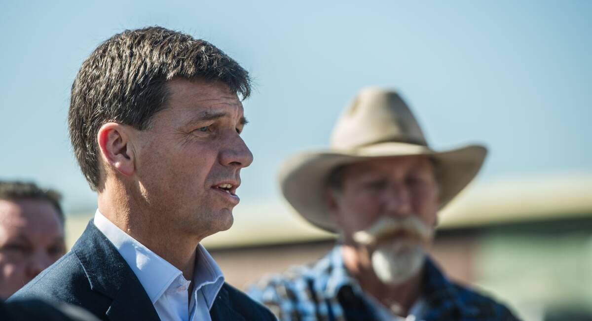 Energy Minister Angus Taylor (left) at the Goulburn showgrounds. Picture: Karleen Minney