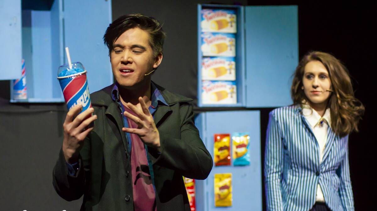 Will Huang ( J.D.), left, and Belle Nicol (Veronica Sawyer) in Heathers the Musical. Picture: Janelle McMenamin