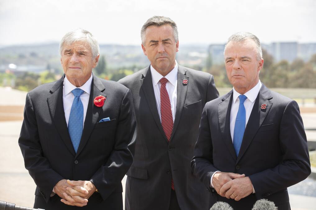 Australian War Memorial chairman Kerry Stokes, Minister for Veterans' Affairs Darren Chester, and Australian War Memorial director Dr Brendan Nelson. Picture: Sitthixay Ditthavong