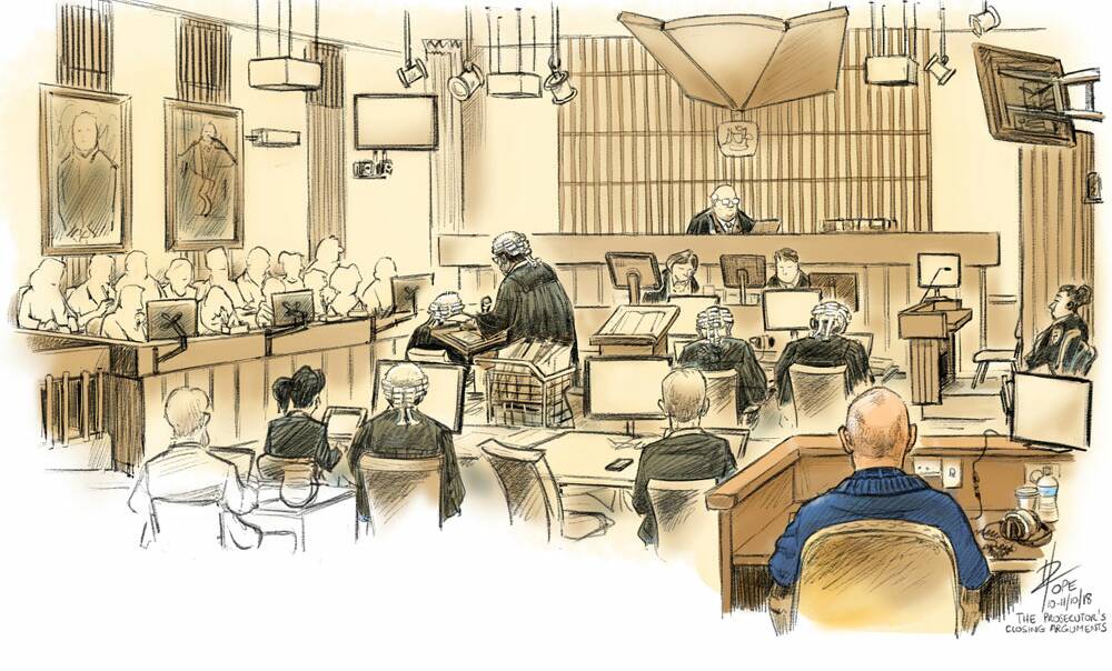 David Pope's courtroom illustration of David Eastman's trial in 2018.