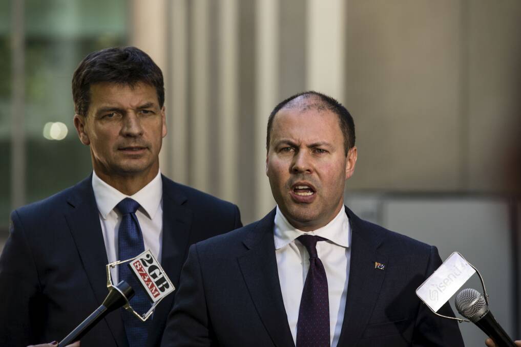 Treasurer Josh Frydenberg (right) and Energy Minister Angus Taylor. Picture: Dominic Lorrimer
