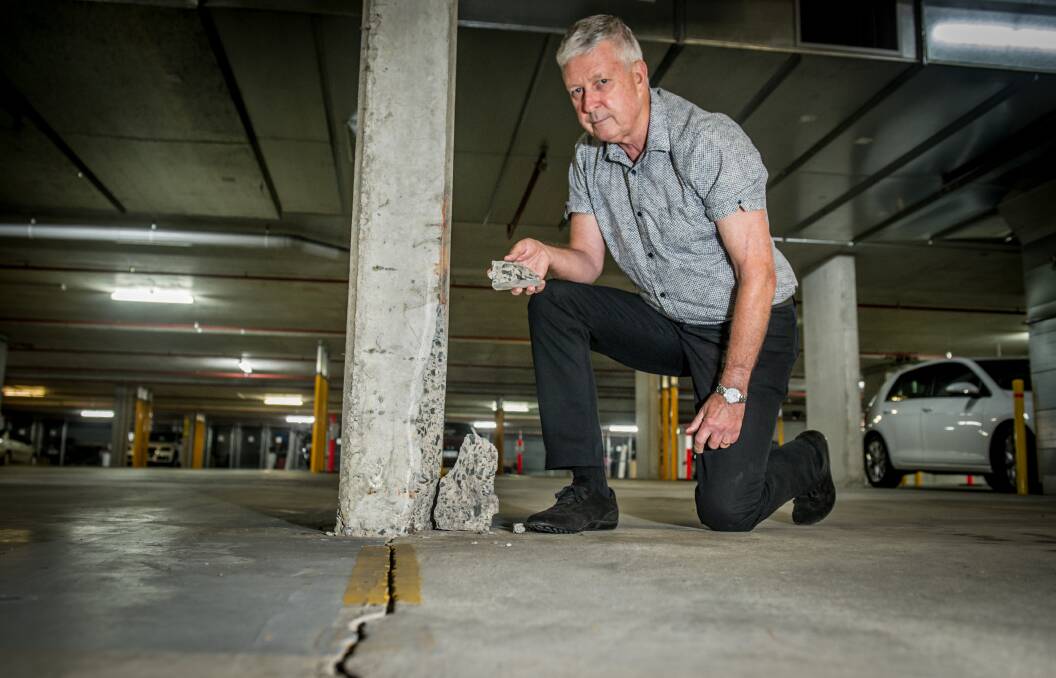 Kingston Place owners corporation chair John Grant, pictured in the basement carpark of the 120-unit Eyre Street complex. Picture: Karleen Minney